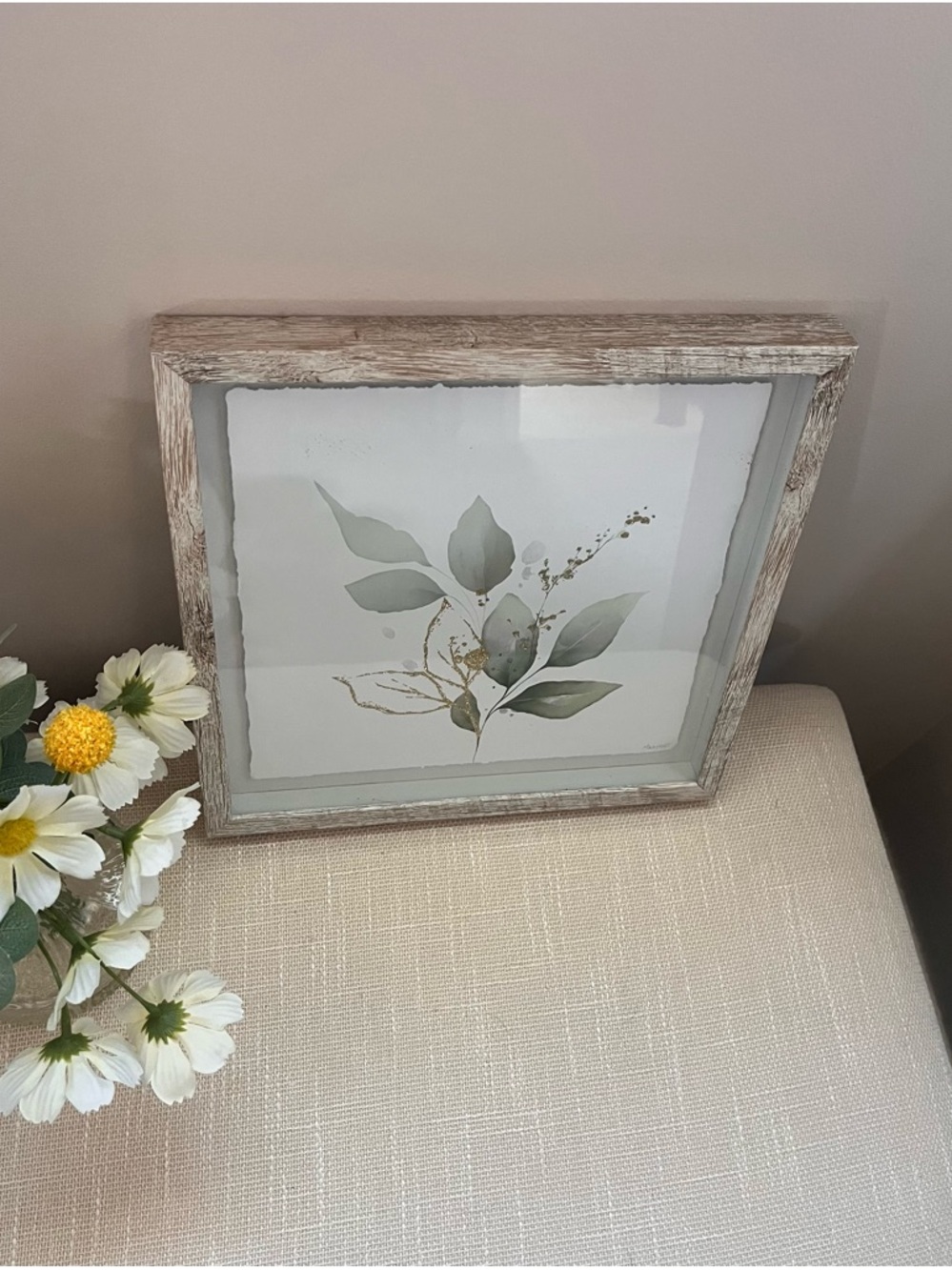 Framed Green Leaf Wall Art - Rustic Wood Frame
